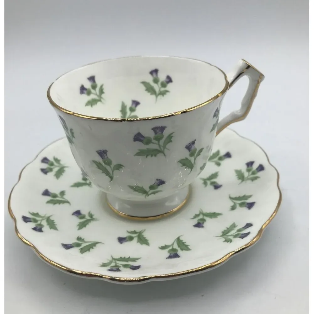 Aynsley Cup & Saucer Fine Bone China Footed w Purple Flowers Gold Trim‎